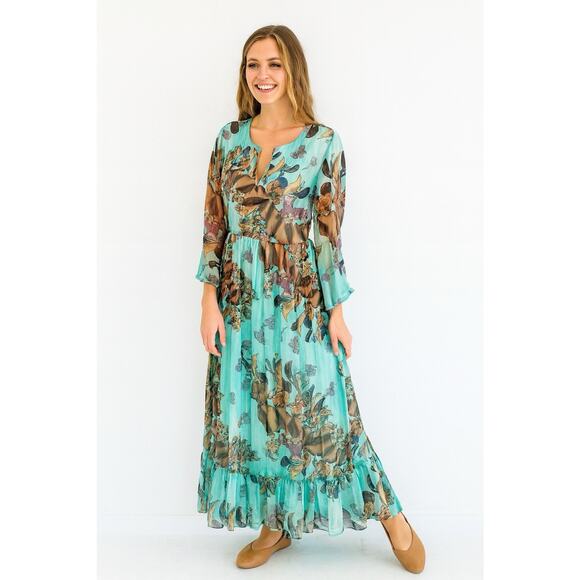 Leaves Of Grass Maxi Dress Sz 38 Medium 100% Silk Hand Embroidered Lined $495 - Picture 2 of 16